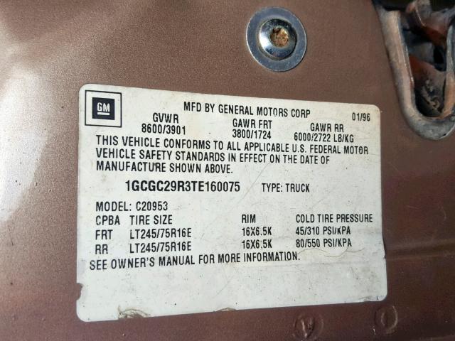 1GCGC29R3TE160075 - 1996 CHEVROLET GMT-400 C2 TAN photo 10