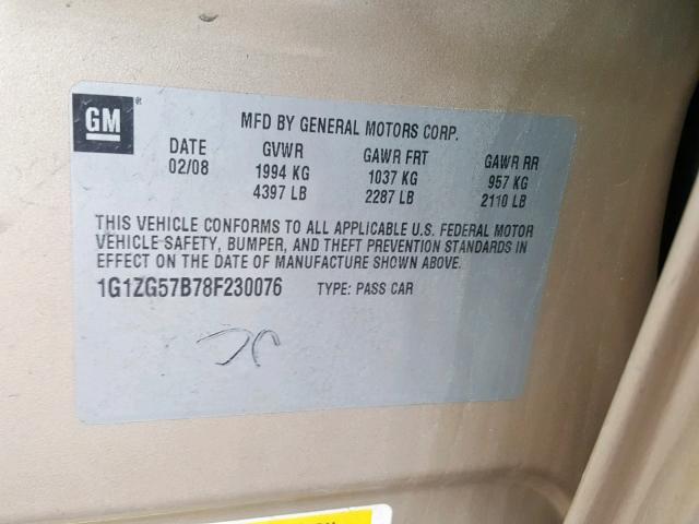 1G1ZG57B78F230076 - 2008 CHEVROLET MALIBU LS GOLD photo 10