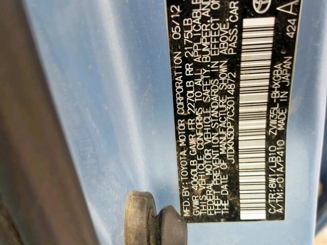 JTDKN3DP7C3014872 - 2012 TOYOTA PRIUS PLUG BLUE photo 10