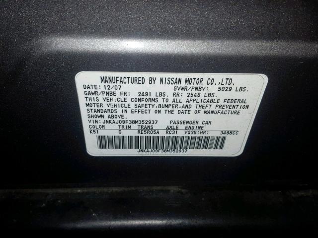 JNKAJ09F38M352937 - 2008 INFINITI EX35 BASE GRAY photo 10