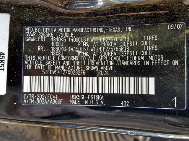 5TFDV54127X029276 - 2007 TOYOTA TUNDRA CREWMAX SR5  photo 10