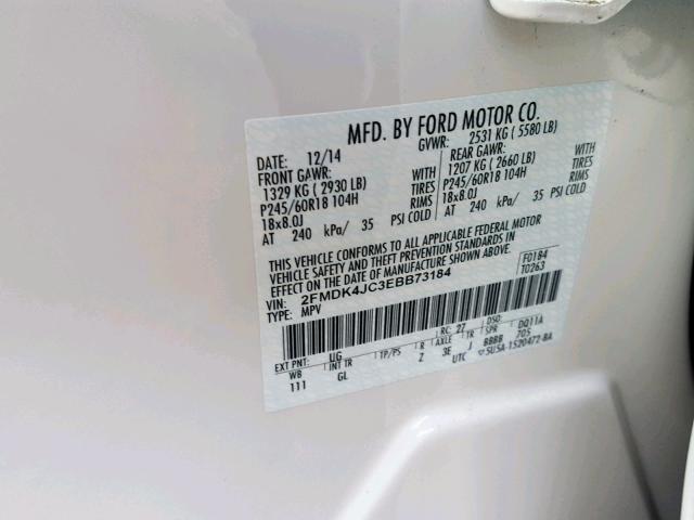 2FMDK4JC3EBB73184 - 2014 FORD EDGE SEL WHITE photo 10