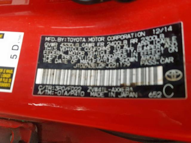 JTDZN3EU2FJ021179 - 2015 TOYOTA PRIUS V RED photo 10