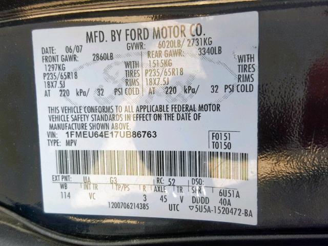 1FMEU64E17UB86763 - 2007 FORD EXPLORER E BLACK photo 10