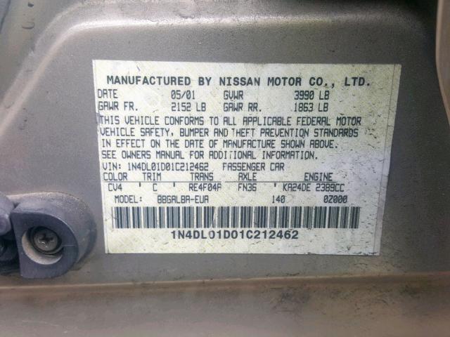 1N4DL01D01C212462 - 2001 NISSAN ALTIMA XE GOLD photo 10