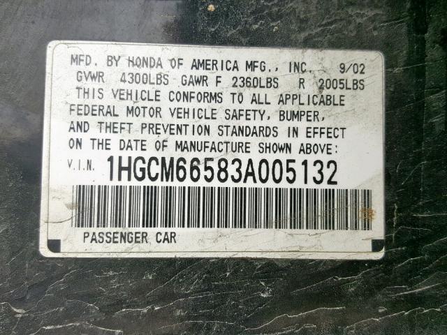 1HGCM66583A005132 - 2003 HONDA ACCORD BLACK photo 10