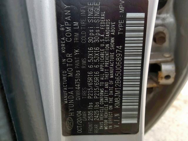 KM8JM12B65U068974 - 2005 HYUNDAI TUCSON GL GRAY photo 10