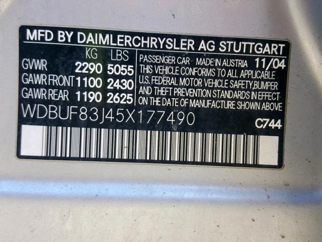 WDBUF83J45X177490 - 2005 MERCEDES-BENZ E 500 4MAT GRAY photo 10