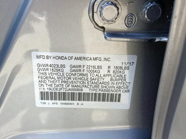 19UDE2F72JA000808 - 2018 ACURA ILX PREMIU SILVER photo 10