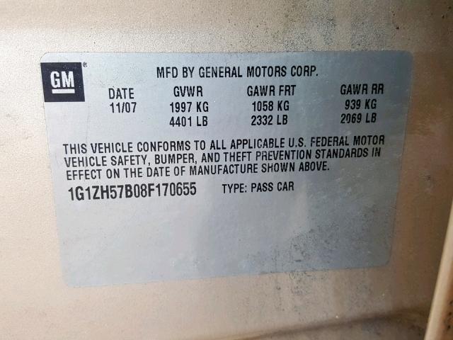 1G1ZH57B08F170655 - 2008 CHEVROLET MALIBU 1LT ოქროსფერი ფოტო 10