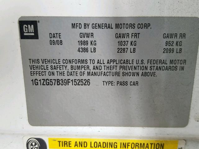 1G1ZG57B39F152526 - 2009 CHEVROLET MALIBU LS WHITE photo 10