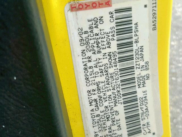 JTDDR32T630148495 - 2003 TOYOTA CELICA GT YELLOW photo 10