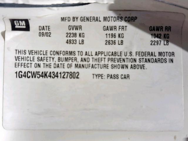 1G4CW54K434127802 - 2003 BUICK PARK AVENU WHITE photo 10