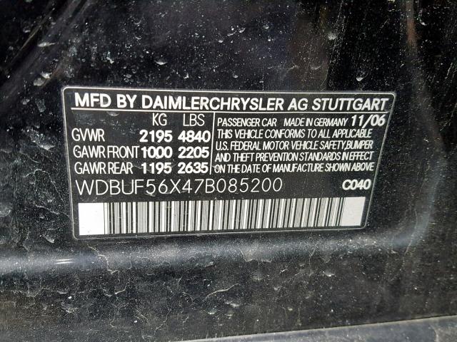 WDBUF56X47B085200 - 2007 MERCEDES-BENZ E 350 BLACK photo 10