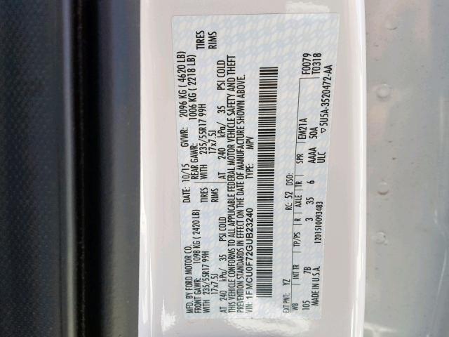 1FMCU0F72GUB23240 - 2016 FORD ESCAPE S WHITE photo 10