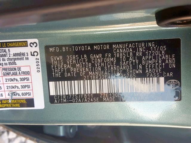 2T1BR32E46C595765 - 2006 TOYOTA COROLLA CE GREEN photo 10