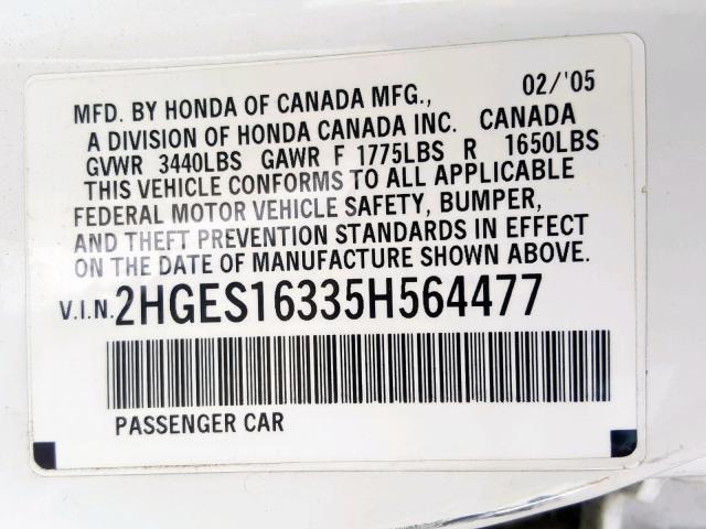 2HGES16335H564477 - 2005 HONDA CIVIC DX V WHITE photo 10