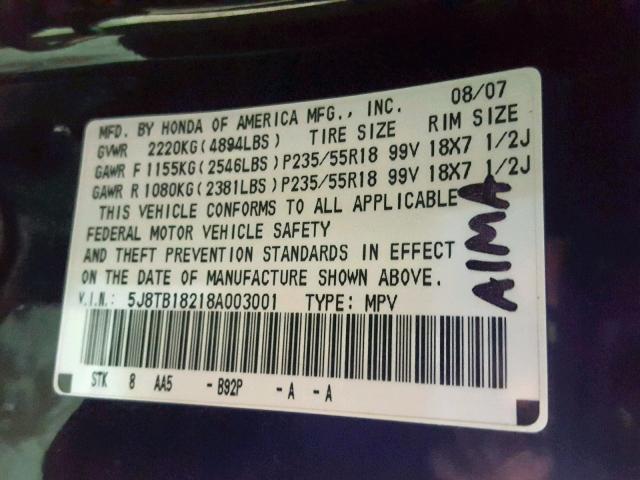 5J8TB18218A003001 - 2008 ACURA RDX BLACK photo 10