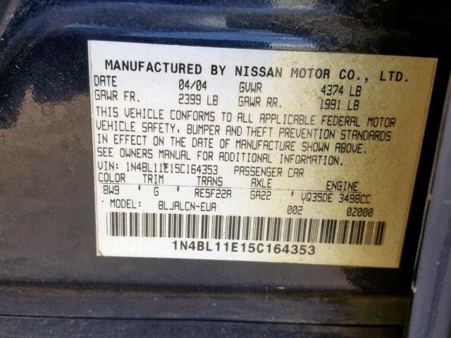 1N4BL11E15C164353 - 2005 NISSAN ALTIMA SE BLUE photo 10