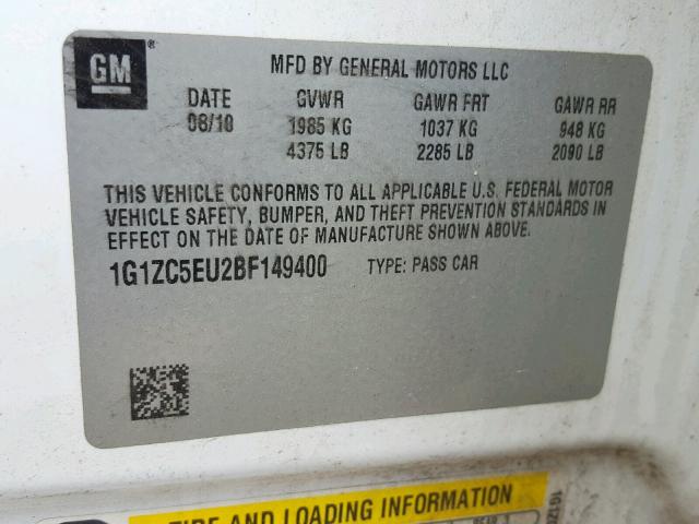 1G1ZC5EU2BF149400 - 2011 CHEVROLET MALIBU 1LT 白色 照片 10