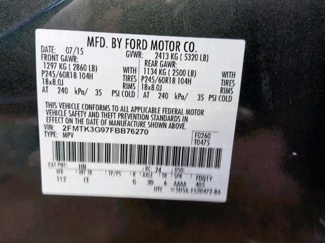 2FMTK3G97FBB76270 - 2015 FORD EDGE SE GRAY photo 10