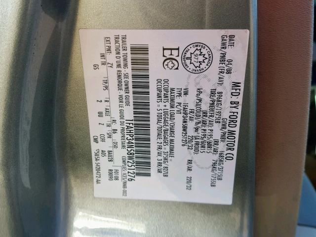 1FAHP34N58W251276 - 2008 FORD FOCUS S/SE SILVER photo 10