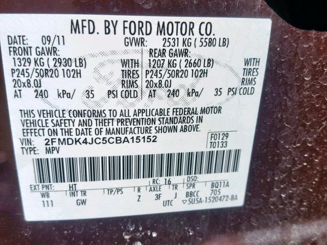 2FMDK4JC5CBA15152 - 2012 FORD EDGE SEL MAROON photo 10