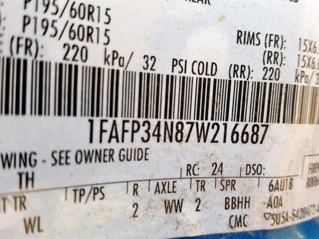 1FAFP34N87W216687 - 2007 FORD FOCUS ZX4 BLUE photo 10