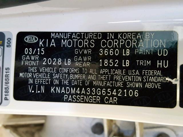 KNADM4A33G6542106 - 2016 KIA RIO LX WHITE photo 10