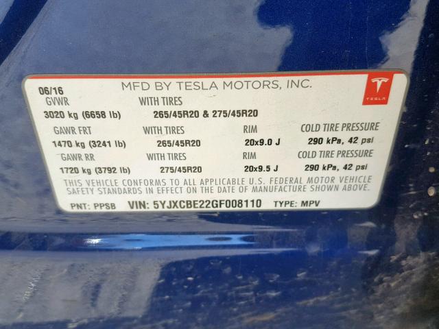 5YJXCBE22GF008110 - 2016 TESLA MODEL X BLUE photo 10