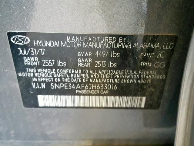 5NPE34AF6JH633016 - 2018 HYUNDAI SONATA SPO GRAY photo 10