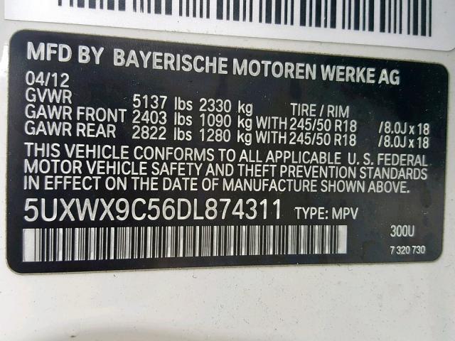 5UXWX9C56DL874311 - 2013 BMW X3 XDRIVE2 WHITE photo 10