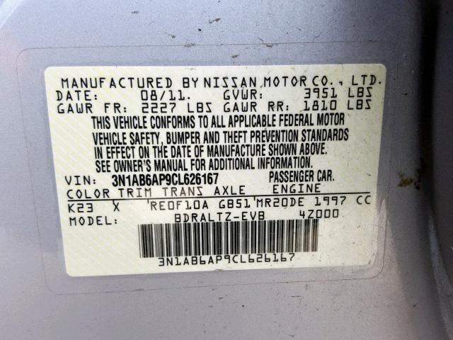 3N1AB6AP9CL626167 - 2012 NISSAN SENTRA 2.0 SILVER photo 10