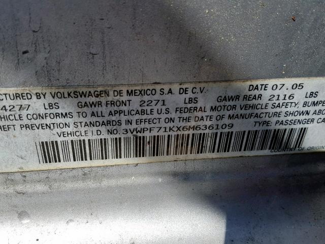 3VWPF71KX6M636109 - 2006 VOLKSWAGEN JETTA VALU SILVER photo 10