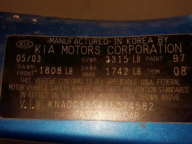 KNADC125436274582 - 2003 KIA RIO BLUE photo 10