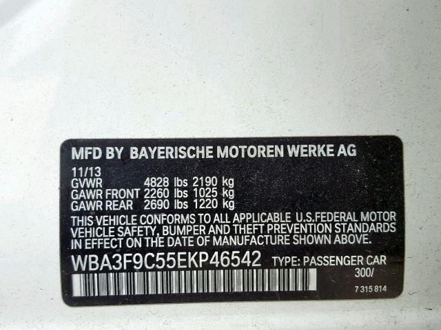 WBA3F9C55EKP46542 - 2014 BMW ACTIVEHYBR WHITE photo 10