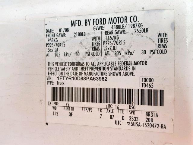 1FTYR10D88PA63982 - 2008 FORD RANGER WHITE photo 10