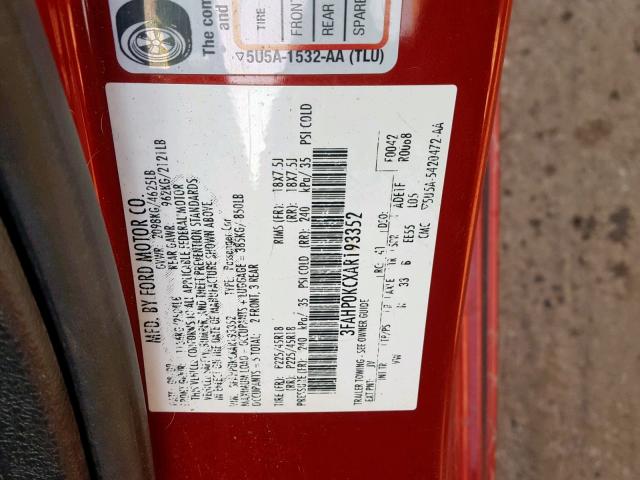 3FAHP0KCXAR193352 - 2010 FORD FUSION SPO RED photo 10