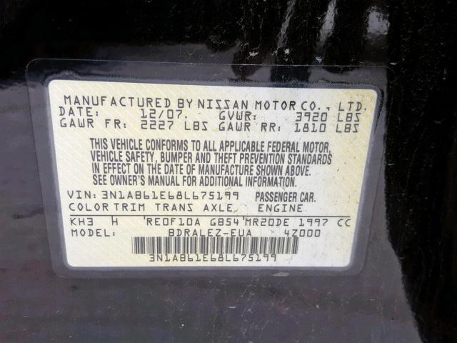 3N1AB61E68L675199 - 2008 NISSAN SENTRA 2.0 BLACK photo 10