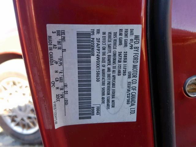 2FAFP74W0XX158630 - 1999 FORD CROWN VICT RED photo 10