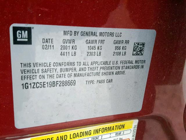 1G1ZC5E19BF288669 - 2011 CHEVROLET MALIBU 1LT 勃艮第红 照片 10