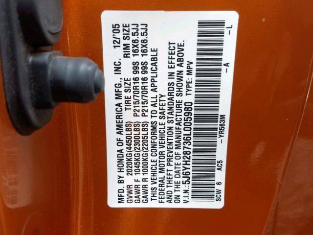 5J6YH28736L005980 - 2006 HONDA ELEMENT EX ORANGE photo 10