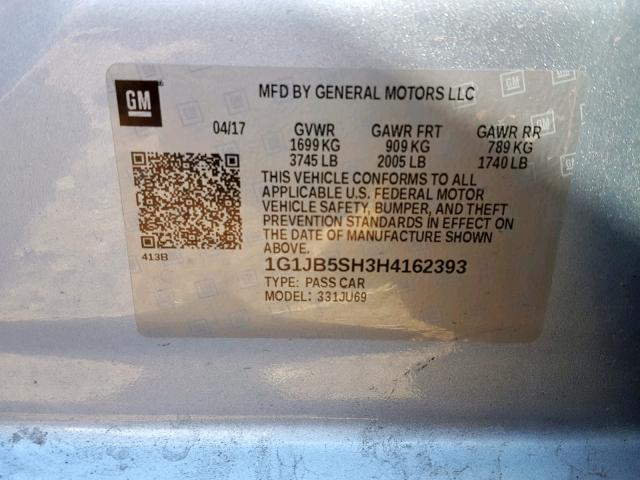 1G1JB5SH3H4162393 - 2017 CHEVROLET SONIC LS 银色 照片 10