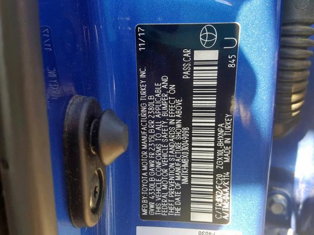 NMTKHMBX0JR049098 - 2018 TOYOTA C-HR XLE BLUE photo 10