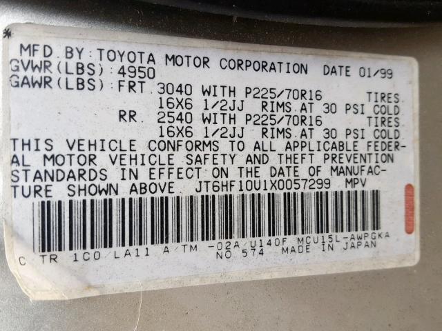 JT6HF10U1X0057299 - 1999 LEXUS RX 300 SILVER photo 10