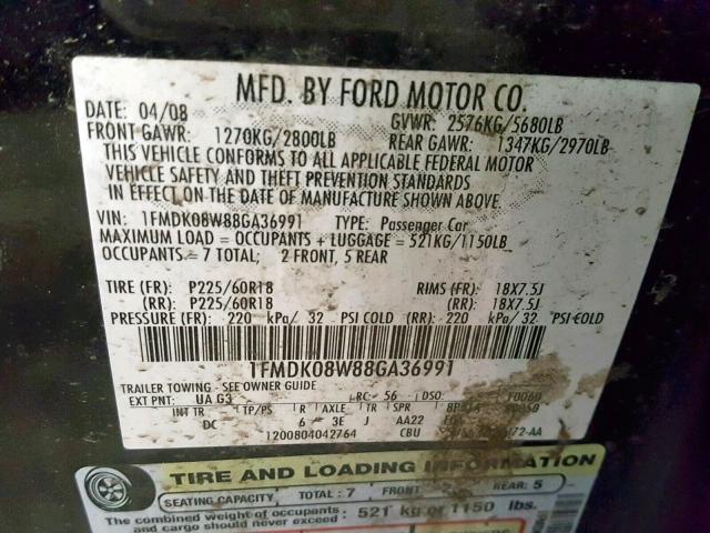 1FMDK08W88GA36991 - 2008 FORD TAURUS X E BLACK photo 10