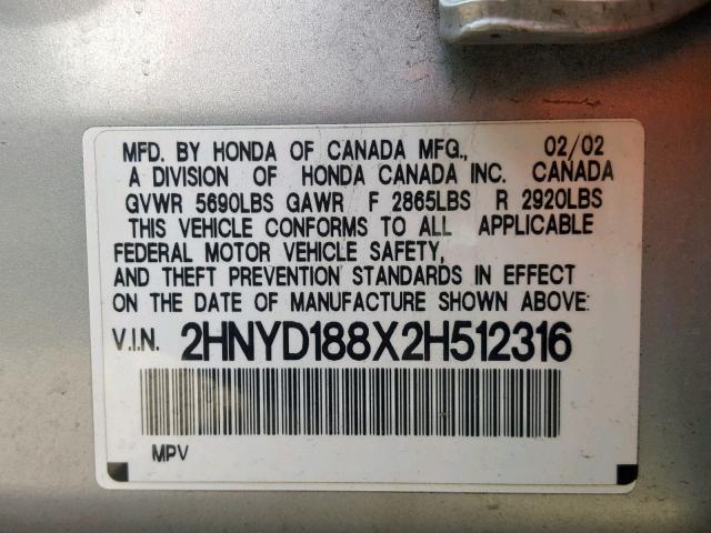 2HNYD188X2H512316 - 2002 ACURA MDX TOURIN SILVER photo 10