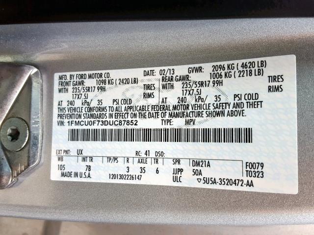 1FMCU0F73DUC87852 - 2013 FORD ESCAPE S SILVER photo 10