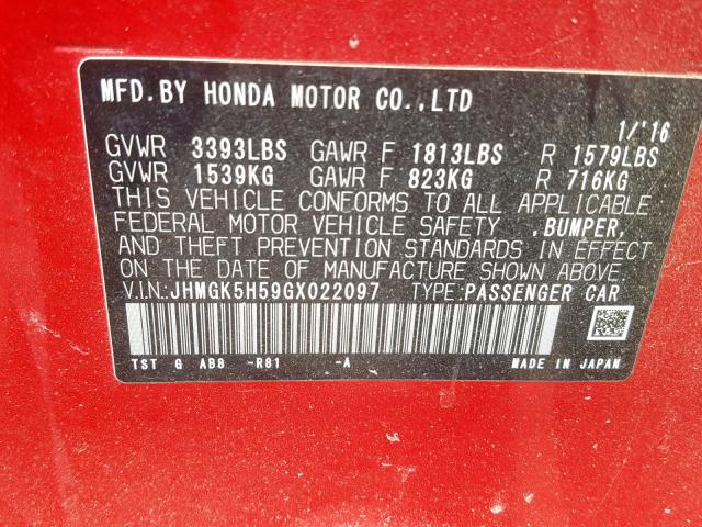 JHMGK5H59GX022097 - 2016 HONDA FIT LX RED photo 10