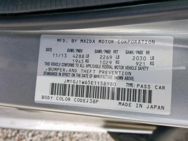 JM1GJ1W65E1158980 - 2014 MAZDA 6 GRAND TO SILVER photo 10